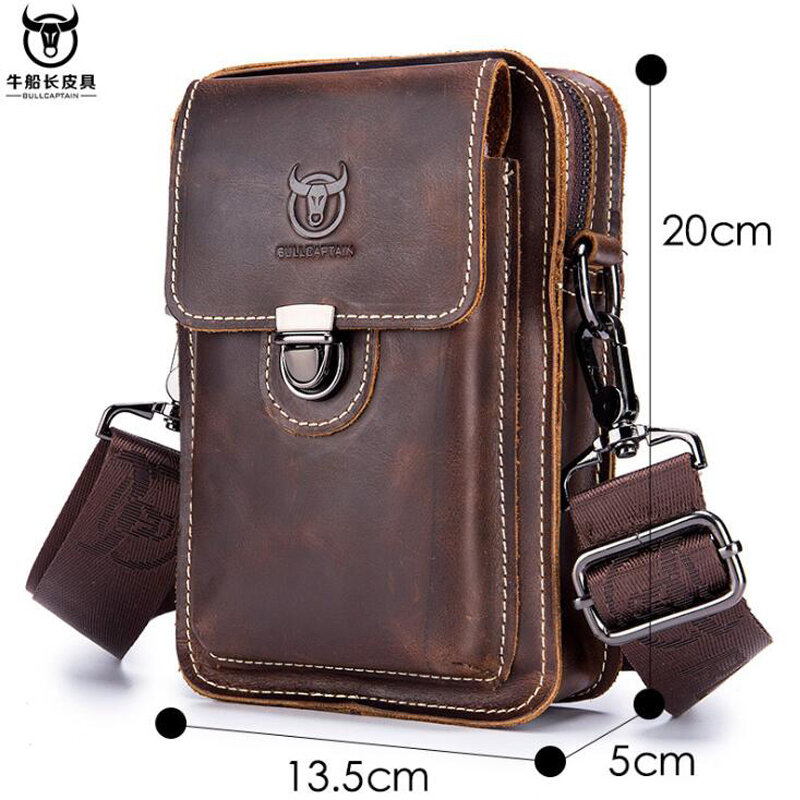 BULLCAPTAIN Crazy horse leather Male Waist Packs Phone Pouch Bags Waist Bag Men's Small chest Shoulder Belt Bag small back pack