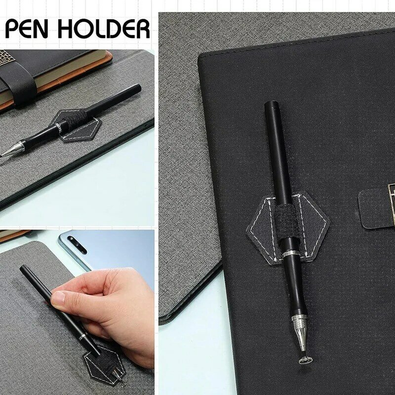 노트북용 자체 접착 펜 홀더, 육각형 탄성 저널 펜 홀더, 루프 홀더, 검정 PU 가죽, 약 4.5x4cm, 10 개