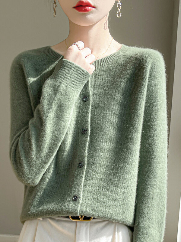 ADDONEE New Fashion Women's O-neck Cardigan 100% Merino Wool Knitted Sweater Long Sleeve Basic Casual Clothes Korean Popular Top