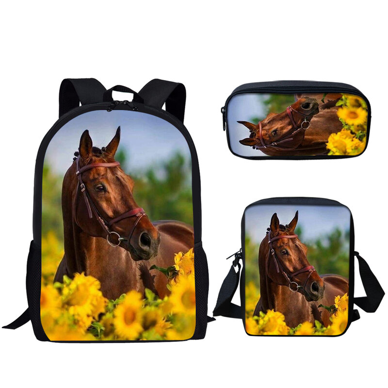Sunflower Horse Print 3Pcs School Bag Teenager Boys Girls Casual Backpack Student Book Bag Lunch Bag Pencil Bag Daily Backpack