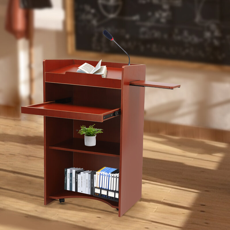 Mobile Floor Lectern with Side Shelf and Keyboard Tray
