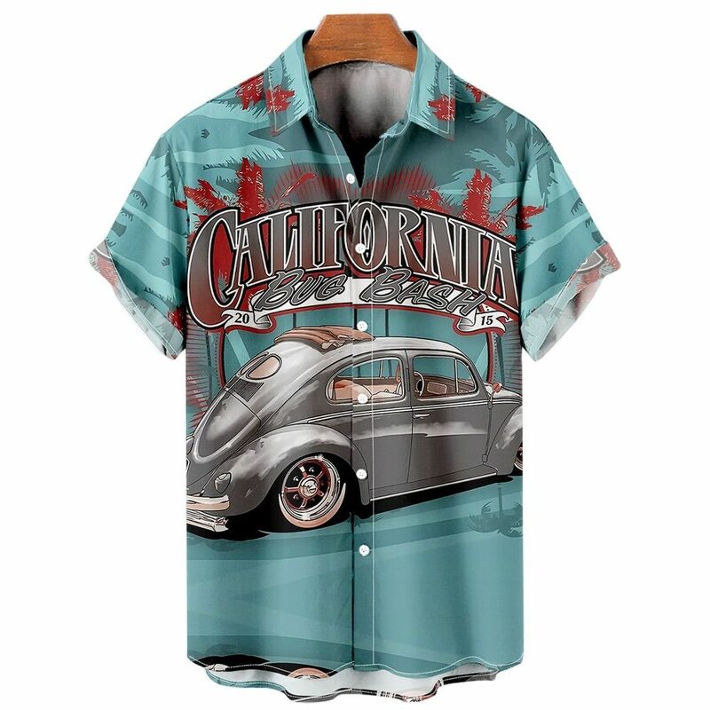 2024 Men's Fashion Retro Beach Palm Car Printed Short Sleeved Shirt Men's Hawaiian Style Shirt