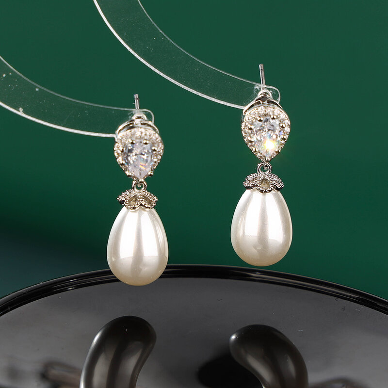 Ladies cubic zirconia pearl pendant earrings, bridesmaid bride teardrop leaf rhinestone wedding bridal earrings prom jewelry