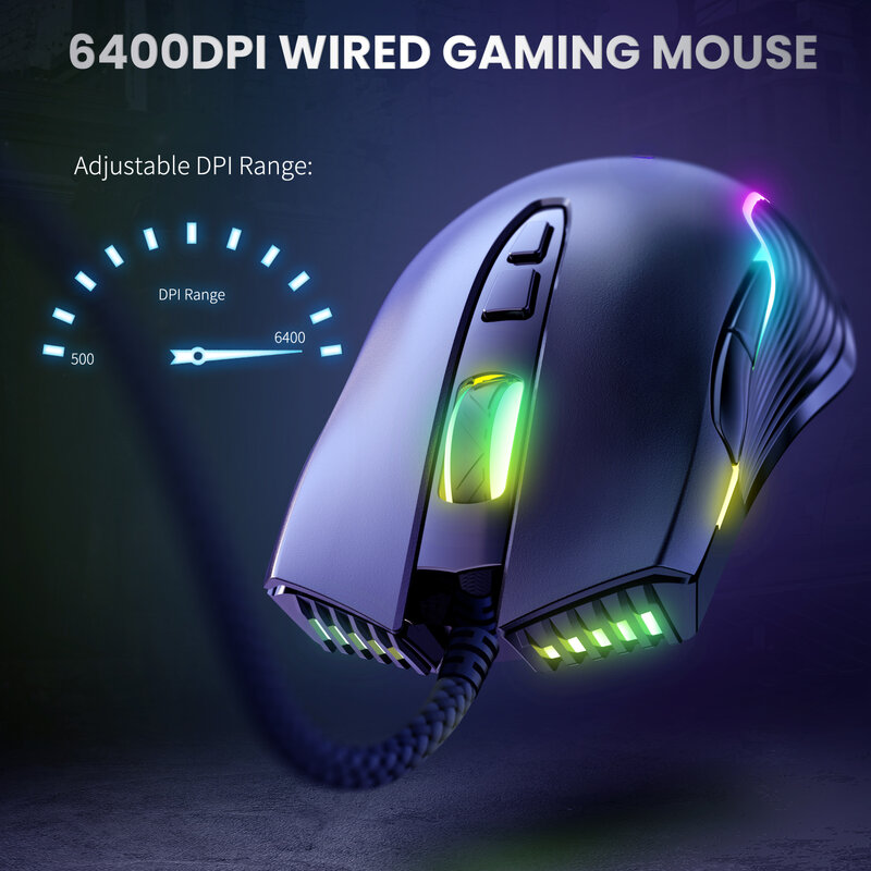 ONIKUMA-ratón RGB para juegos, 7 botones de programación, 6 niveles de ajuste, 6400 DPI, con iluminación dinámica, ergonómico, para ordenador portátil y PC