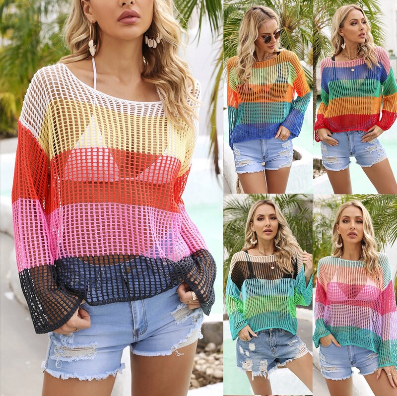 2023 summer new hollowed out smock holiday knitted shirt long sleeve sunscreen shirt rainbow shirt