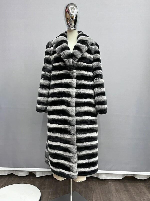 2023 Chinchilla mantel bulu wanita nyata Rex jaket bulu kelinci panjang wanita setelan kerah mantel bulu musim dingin jaket mewah musim dingin hangat