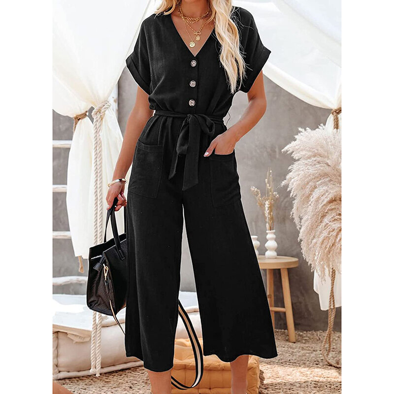 Women Cropped Jumpsuit Short Sleeve V-neck Button Closure Waist Tie Solid Pants with Pockets