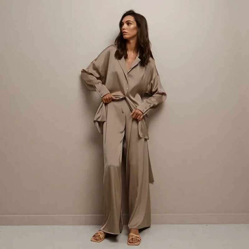 Hiloc-Conjunto de pijama de manga larga para mujer, ropa de dormir con cordones, pantalones de pierna ancha, moda de invierno, 2022