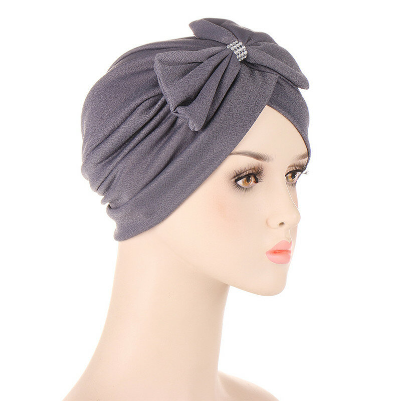 Turbante muçulmano para mulheres, chapéu de turbante com grande nó, cor sólida, tampa da cabeça, tampa da cabeça, acessórios para o cabelo