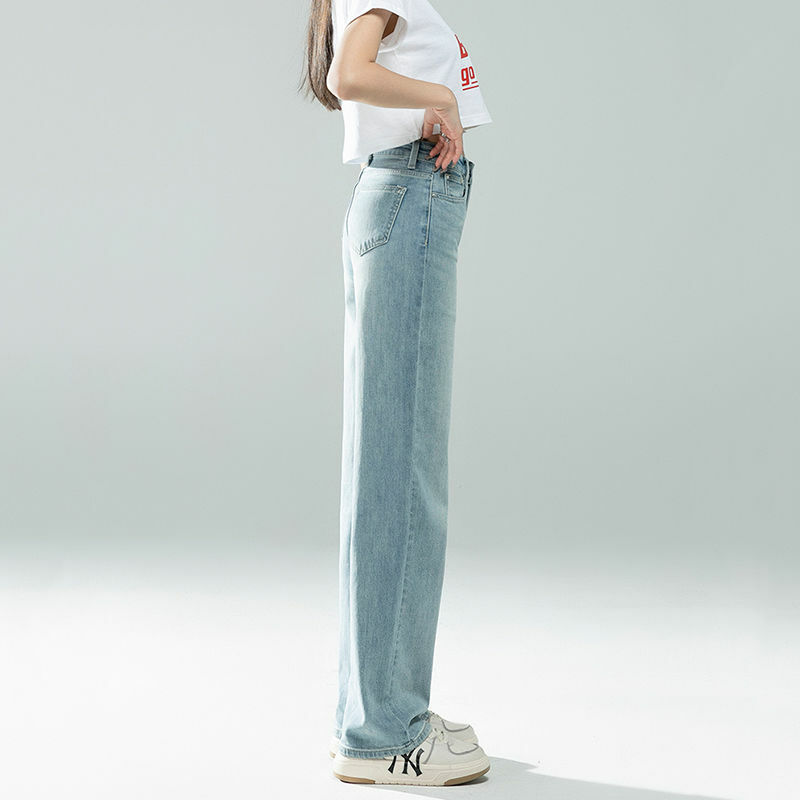 Hellblaue Jeans mit weitem Bein für den Sommer 2024 der Frauen Neue, hoch taillierte, schlanke, locker drapierte Boden wisch hose mit geradem Bein