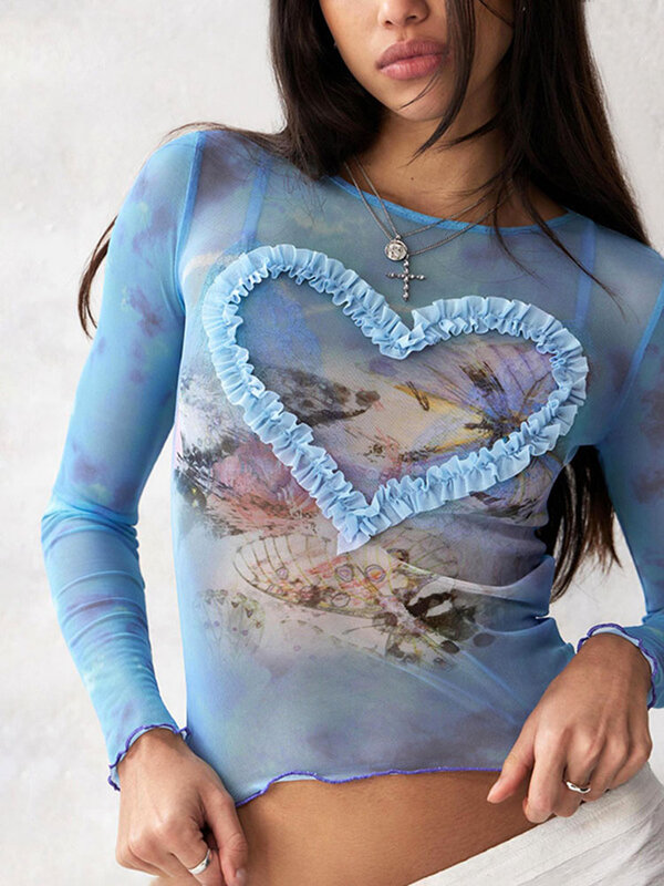 Taruxy Mesh Lange Mouw T-Shirt Voor Vrouwen T 2K Afdrukken 3d Love Gevormde Hot Girl Splice Sexy Slim Fit See Door Club Party Top