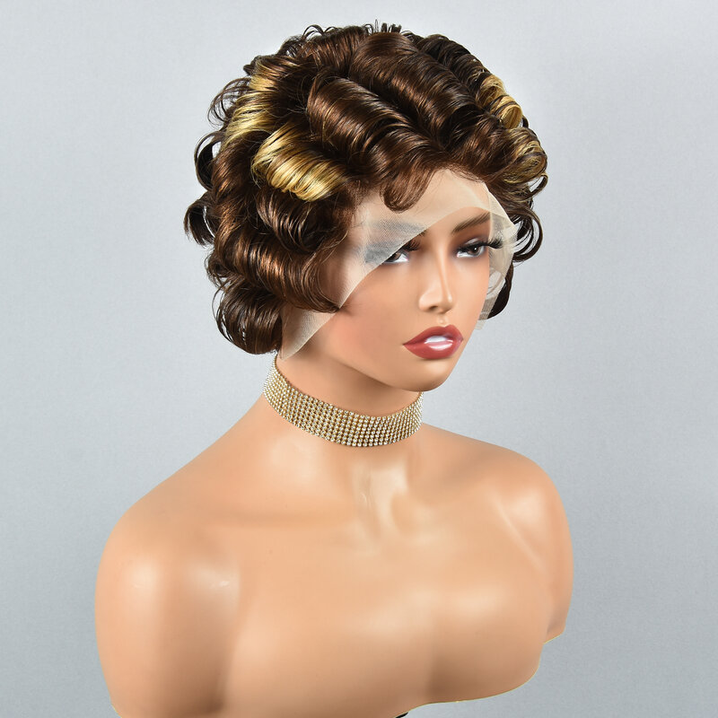 Wig depan potongan renda Pixie renda HD 12A Remy wig potongan Pixie Highlight wig rambut manusia gulungan jari 13x4 wig depan renda transparan