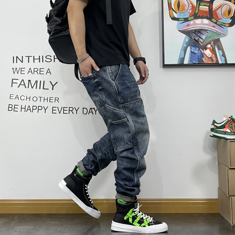 American Fashion Hip Hop Cargo Jeans Streetwear Skateboard Harem pantaloni uomo abbigliamento giapponese Harajuku Denim pantaloni Casual maschili