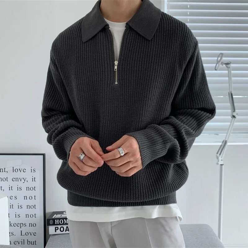 Mens Half Zip Knitted Sweater Japanese Style Streetwear Loose Casual Pullover Male Soild Color Turndown Collar Sweatshirt Spring