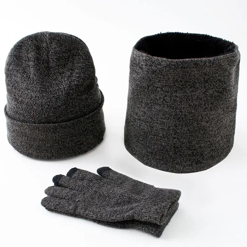 Men's Autumn Winter Keep Warm Set Unisex Beanie Gloves Scarf Male Woolen Yarn Knit Muffler Solid Color Hat Wholesale Drop Ship