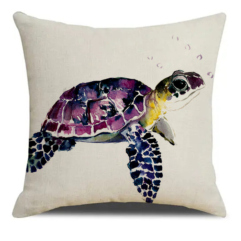 Marine Animal Seahorse Turtle Starfish Print Soft Square Pillowslip Linen Blend Cushion Cover Pillowcase Living Room Home Decor