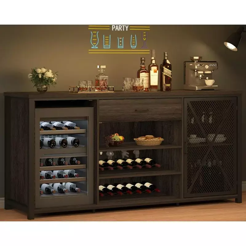 LVB Long Bar Cabinet with Fridge Space, Farmhouse Big Liquor Cabinet with Drawer Storage, Rustic Wood Metal Large Wine Cabinet