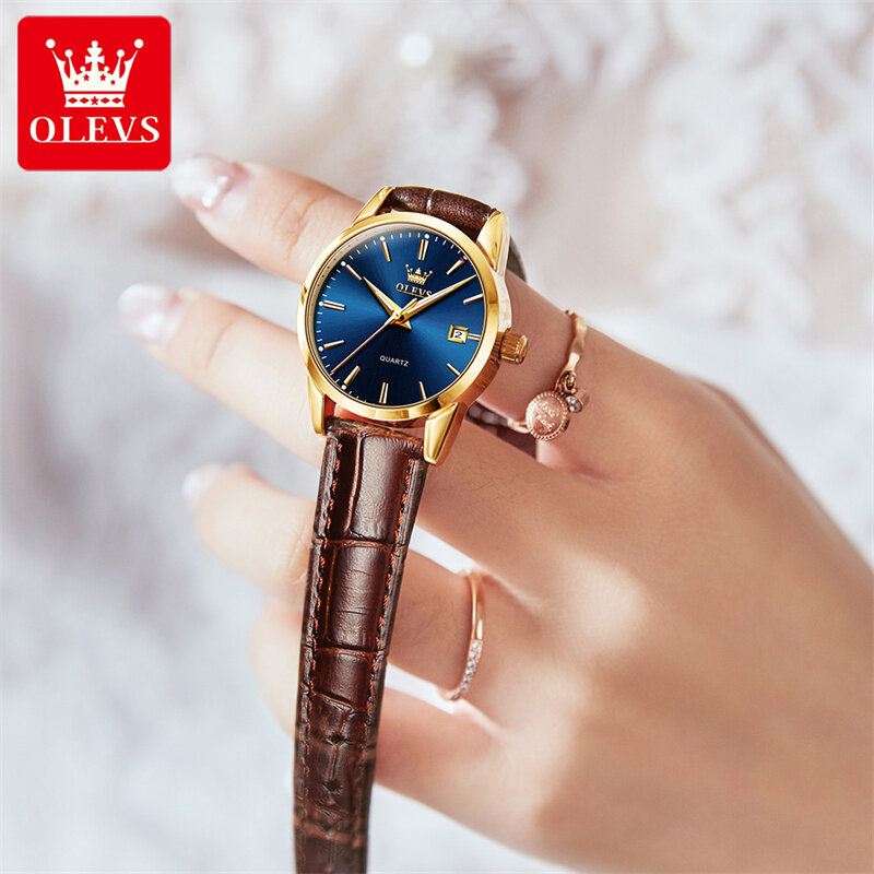 OLEVS modny niebieski zegarek kwarcowy dla kobiet skórzany wodoodporny świecący kalendarz dłoni zegarki damskie Top marka luksusowy zegarek na rękę