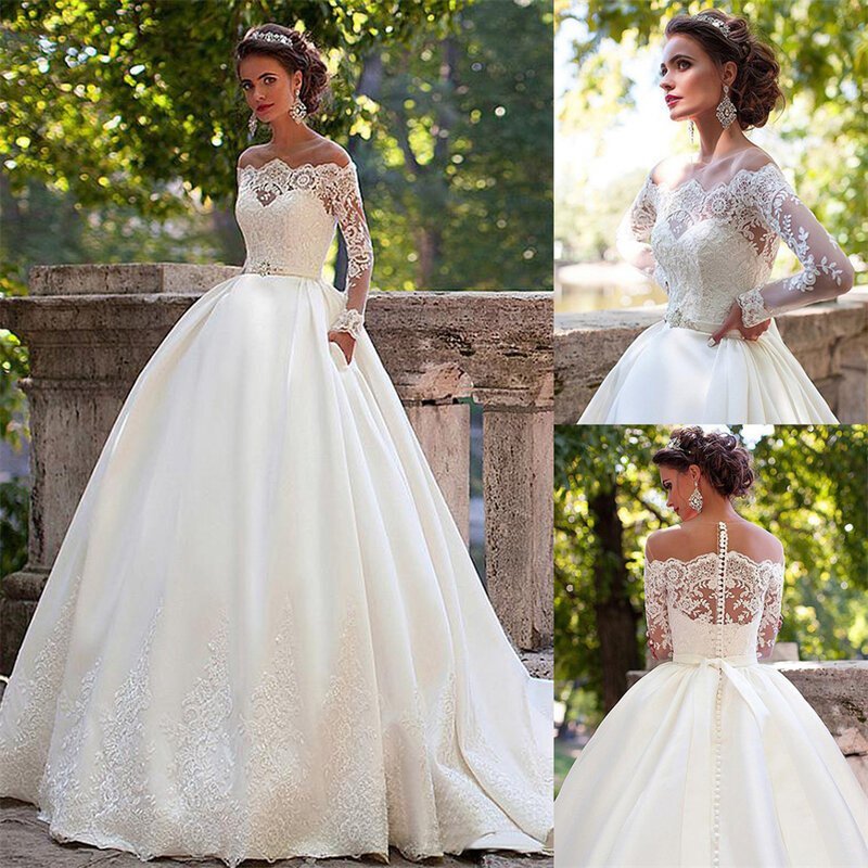 Eleganckie aplikacje z okrągłym dekoltem z koronkową suknią balową z odkrytymi ramionami suknie ślubne dla kobiet 2024 dworskie suknie ślubne Vestido De Noiva