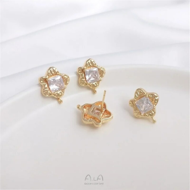 14K gold inlaid square zircon small flower with sling ring ear studs 925 silver needle earrings ear accessories