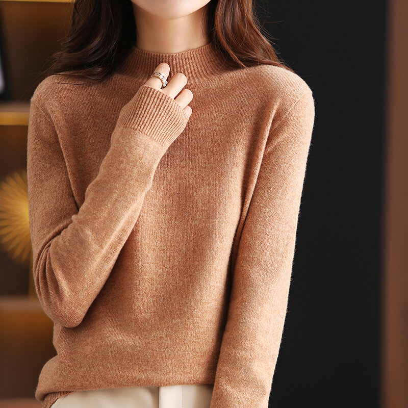 Sweater wol kasmir wanita, pulover setengah kerah tinggi musim gugur dan musim dingin baru modis kasual atasan rajut
