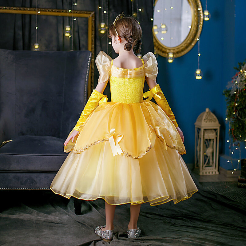 Vestido princesa Belle para meninas, Cosplay Costume para crianças, Beauty and Beast Party Clothing, Magic Stick, Crown, Children Birthday