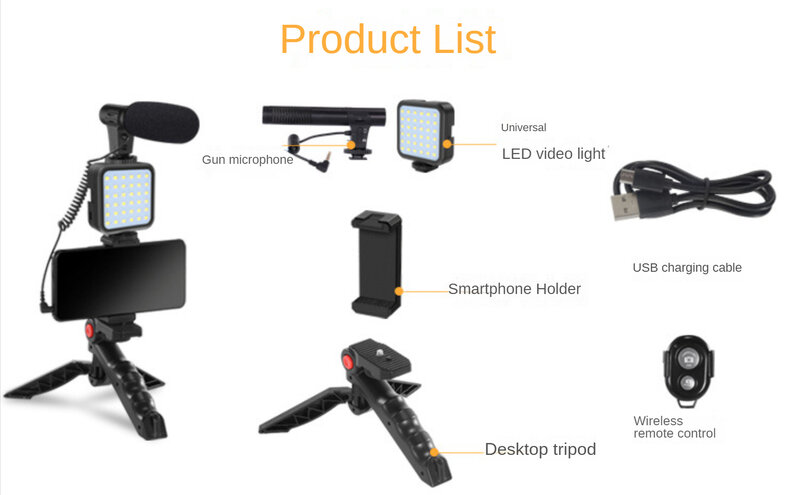 Kit de vlogging pour téléphone, kit de démarrage YouTube compatible pour les créateurs de contenu, comprend un support pour téléphone, une lumière LED, un microphone de fusil de chasse