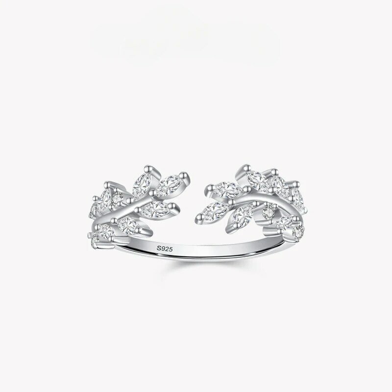 S925 خاتم الماس الفضي الفتح ورقة شجر للنساء ، عصرية ومتعددة الاستخدامات ، نمط الغابات الراقية ، وخلق أنيقة