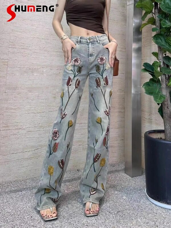 Celana panjang Jeans wanita bordir bunga, celana panjang Denim saku celana kaki lebar lurus serbaguna musim panas dan semi 2024