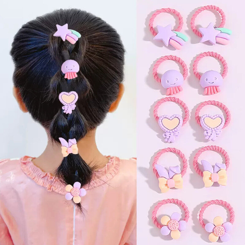 10 Buah/Set Pita Rambut Elastis Kecil Hewan Bunga Kartun Lucu untuk Anak Perempuan Ikat Rambut Anak Pita Karet Cantik