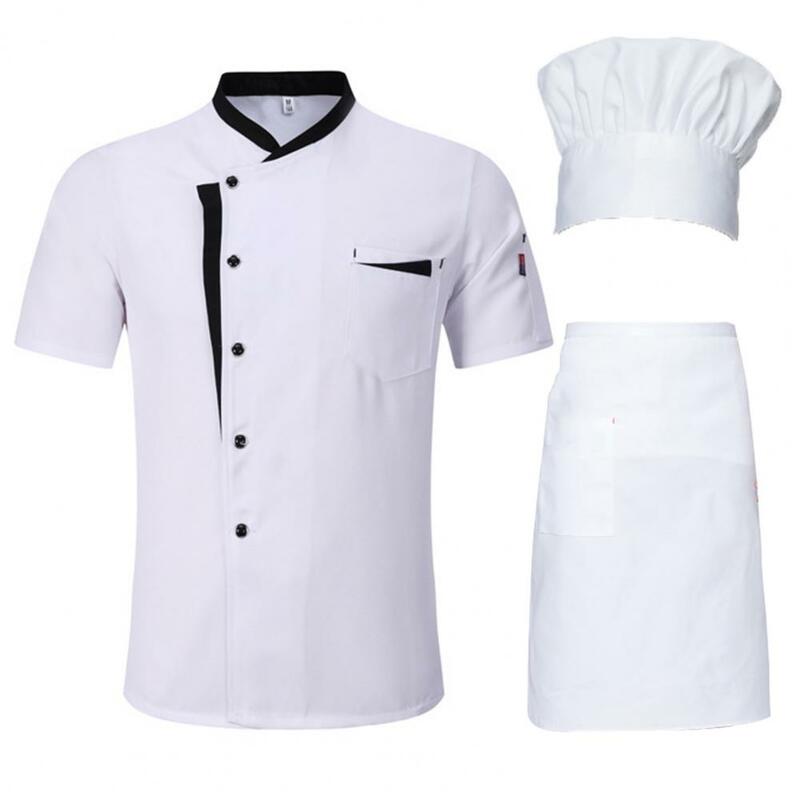 Uniforme Chef profissional conjunto com chapéu e avental, Unisex Stand Collar, manga curta, Hotel, cozinha
