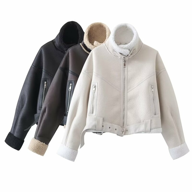Women New Fashion With belt Cropped Fur Faux Leather Locomotive style Jacket Coat Vintage Long Sleeve Female Outerwear Chic Tops