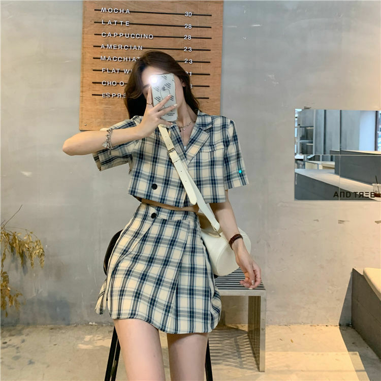 女性の市松模様のスカートセット,2ピース,女の子のためのセット,韓国版,新しいファッション,春,夏,2024