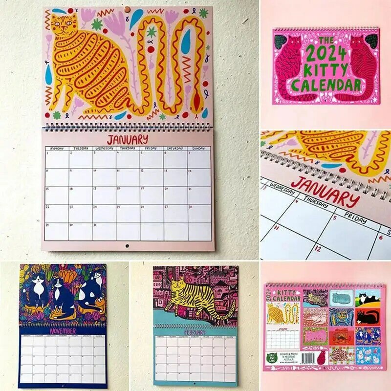 Kalender kucing 2024 kalender kucing merah muda dekorasi rumah perencana dinding kalender anak kucing ruang tamu