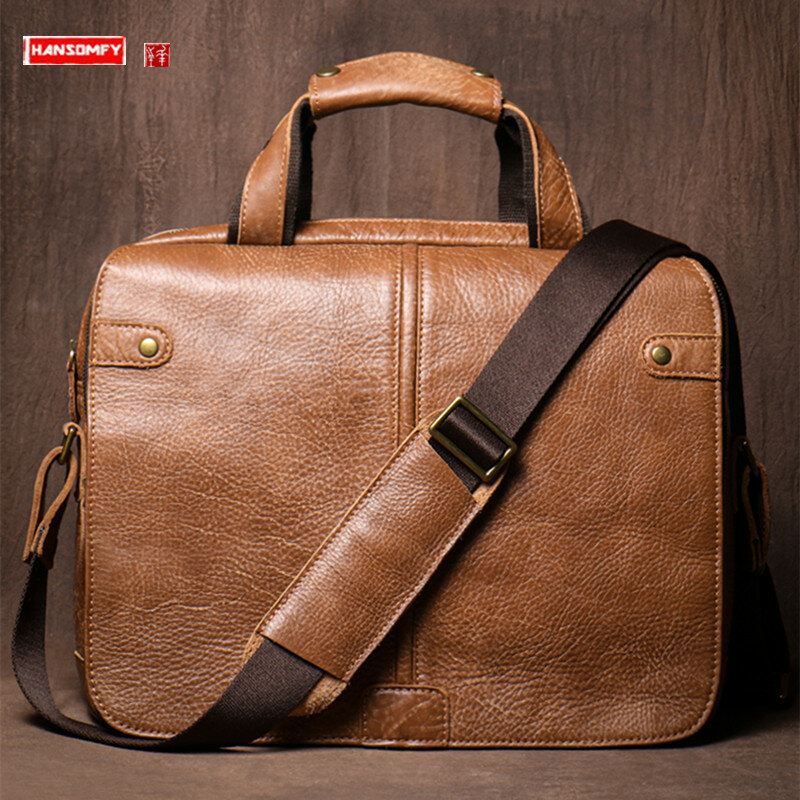 Original Genuine Leather Men's Briefcase 14-15 Inch Laptop Bag Retro Brown Handbags Commuter Shoulder Messenger Bags 2023 New