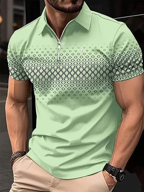 เสื้อกอล์ฟแฟชั่น3D แฟชั่นฤดูร้อนเสื้อยืดโปโลมีซิปเสื้อเสื้อตัวนอกแขนลำลองขาสั้นเสื้อผ้าผู้ชายขนาดยุโรป