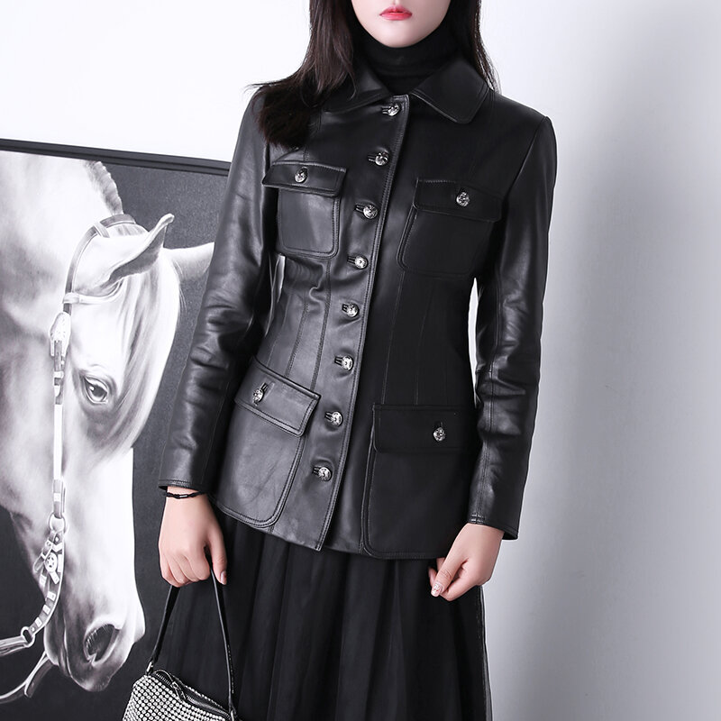 Chaqueta de cuero auténtico para mujer, abrigo Retro chino en contraste, Mangas de burbuja, cintura fina, novedad de primavera 2022