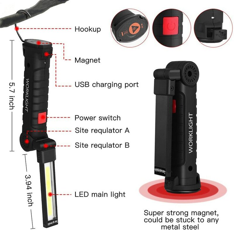 Linterna LED COB portátil, recargable por USB Luz de trabajo, lámpara colgante magnética con batería integrada, linterna de Camping