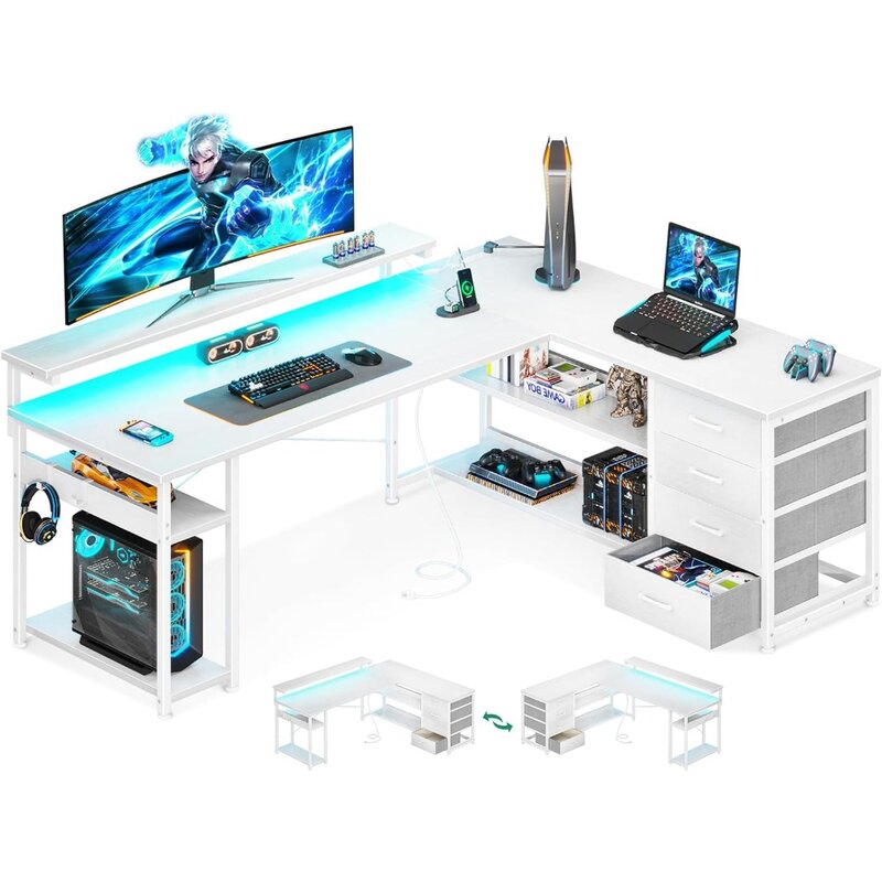 Escritorio en forma con cajón, escritorio de computadora con tomas de corriente y luces LED, escritorio de juegos de esquina Reversible