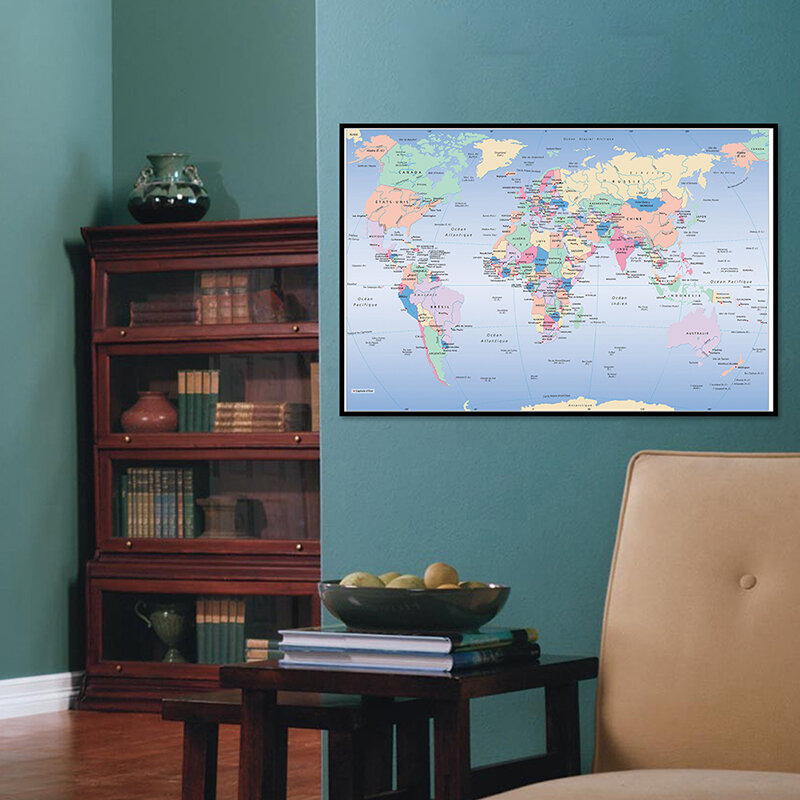 Mapa clásico del mundo con distribución política en francés 84*59cm, lienzo no tejido, pintura, imágenes artísticas decorativas para pared del hogar