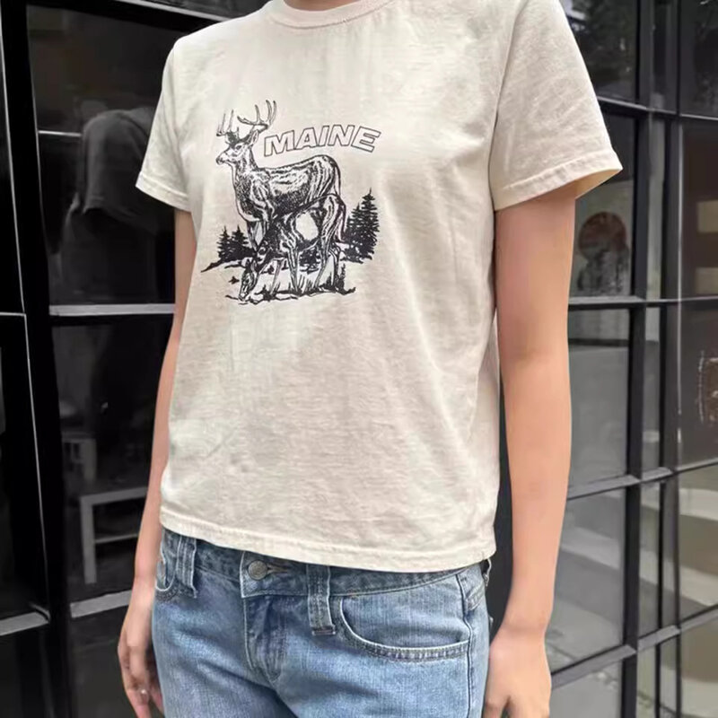 Deer Graphic T-Shirt Women Summer Clothes 2024 Short Sleeve Cute Kawaii Tees Tops Girls Youthful 2000s Y2K Trending T-Shirts