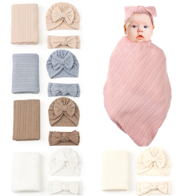 3 pçs bebê swaddle cobertor com chapéu recém-nascido bowknot headbands recebendo cobertores envoltório bandana para menino