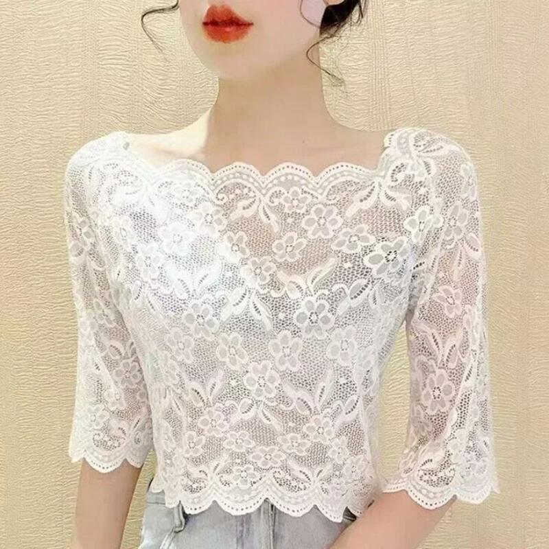 Blusa feminina cropped bordada, camiseta floral, pulôver transparente, tops de renda elegantes, verão