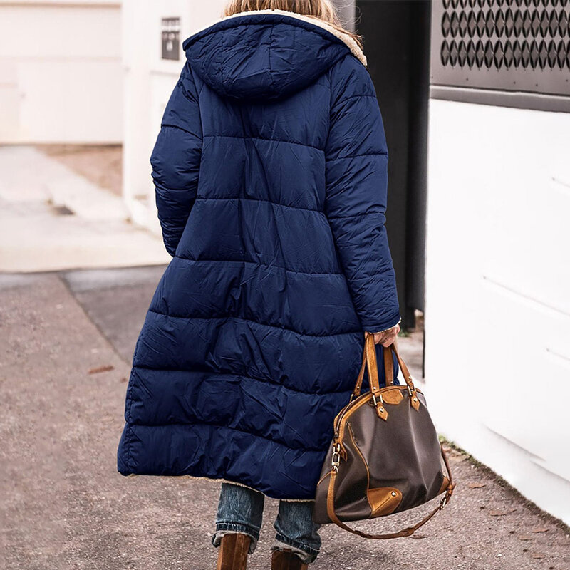 Женская Длинная зимняя стеганая куртка, двухстороннее теплое пальто с капюшоном, повседневная однотонная парка, свободное элегантное плотное пальто для женщин, верхняя одежда