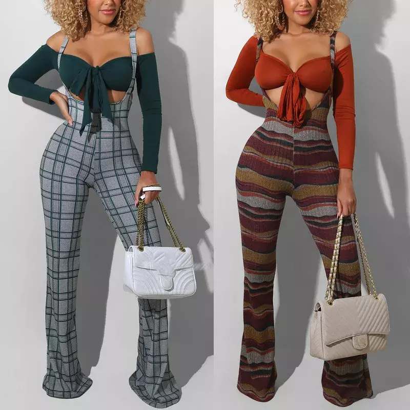Fashion Flared Jumpsuit Autumn Women's High Waist Printed Plaid Overalls Party Club Plaid Wide Leg Suspenders Bottoms 2023 New