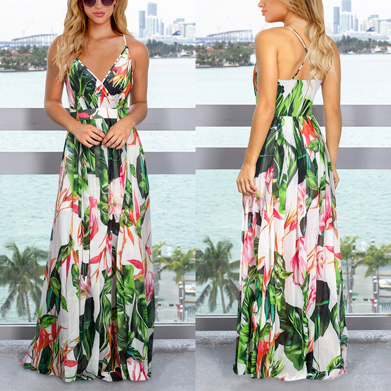 Arrival  Summer Women's Sling Floral Long Dresses  Boho V-Neck Sleeveless  Party Beach Floarl Print  Maxi Dress Casual Sundress