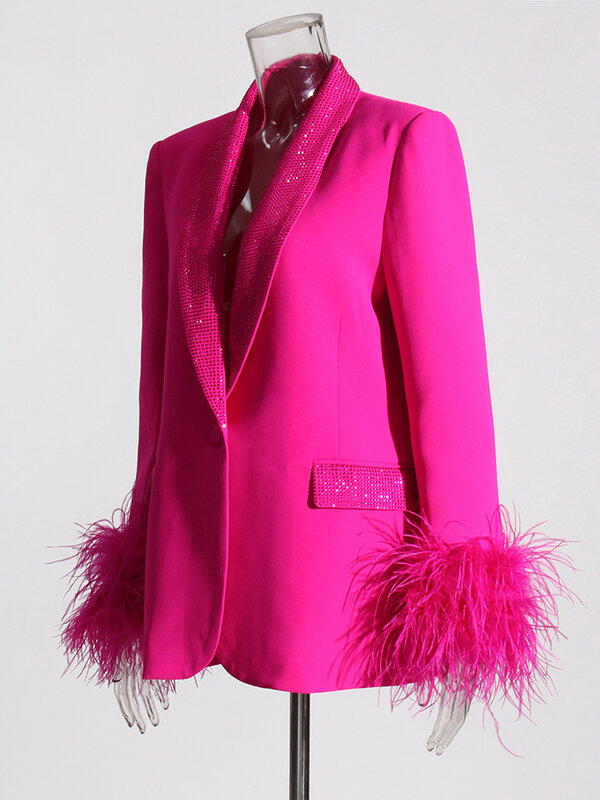 ROMISS Casual Spliced Feather Blazers For Women Shawl Collar Long Sleeve Chic Elegant Blazer Female Fashion Clothing 2024