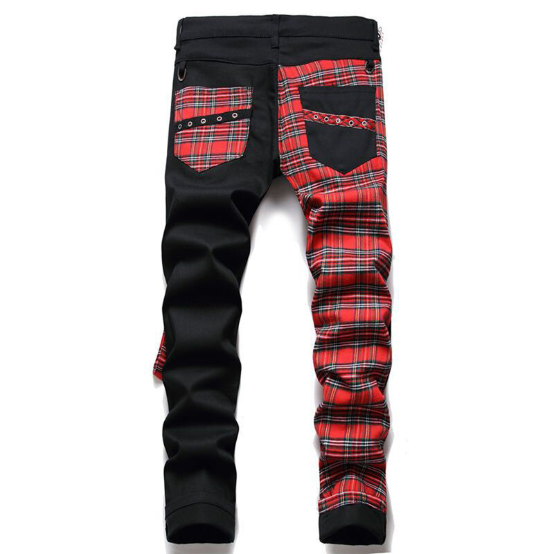Джинсы мужские в стиле панк, джинсовые брюки в стиле пэчворк, уличная одежда в стиле хип-хоп, в клетку, в стиле Харадзюку, модные облегающие уличные штаны с принтом