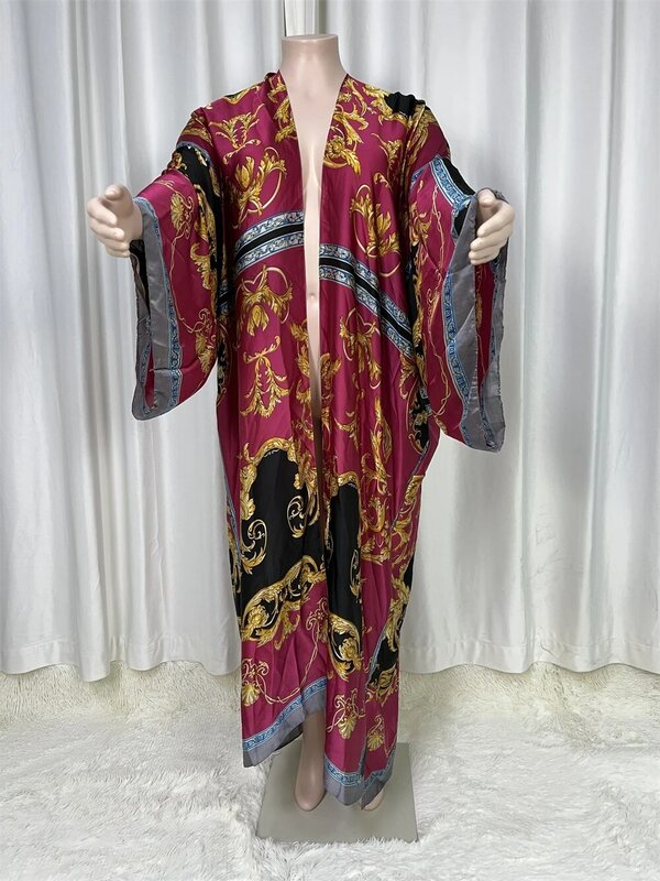 Vestido holgado de seda de Arabia Saudita para mujer, traje de baño bohemio con estampado de ala de murciélago, manga larga, estilo africano, 2024