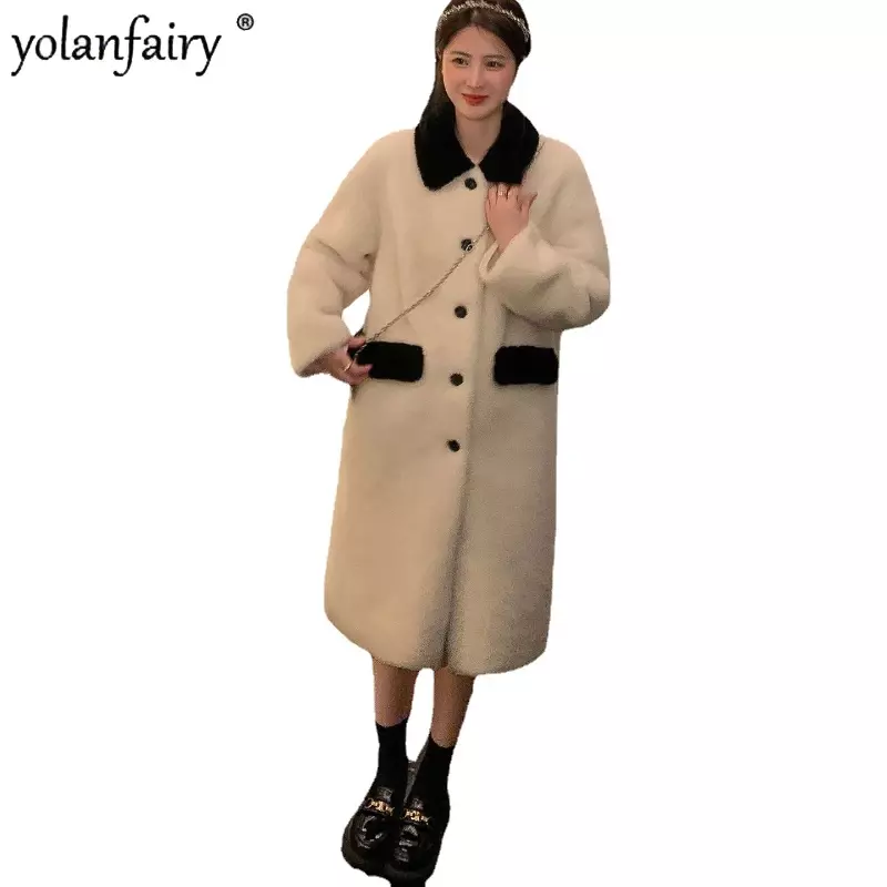 Mantel bulu domba asli untuk wanita, mantel bulu komposit bulu terintegrasi, jaket bulu panjang musim dingin, pakaian wanita atasan baru FCY5060